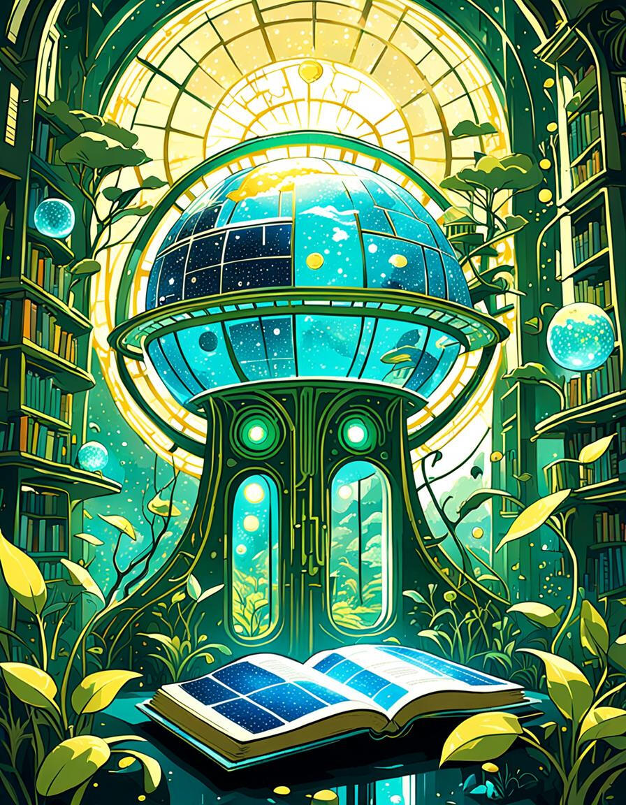 Future students reading in a solarpunk library